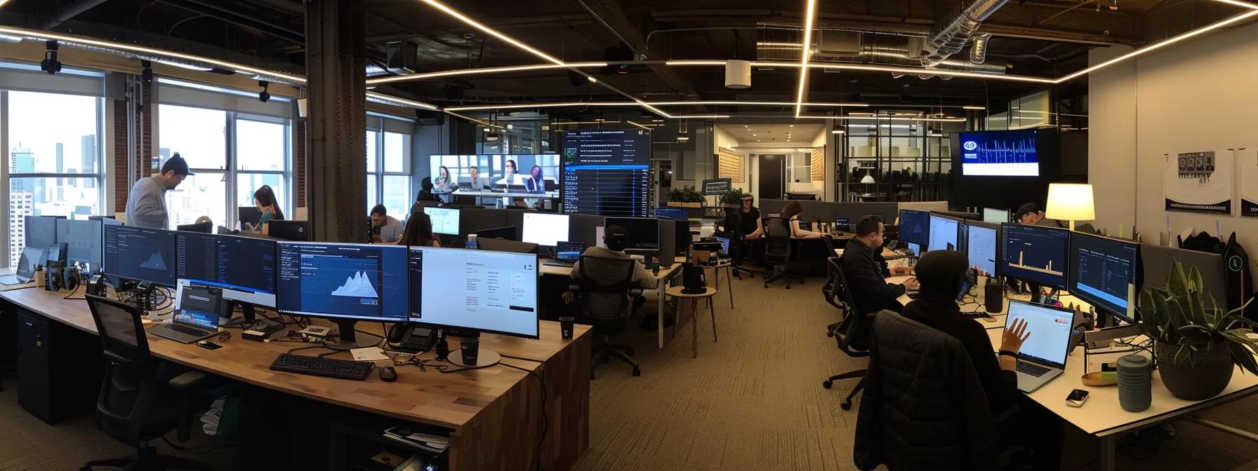 a modern office workspace bustling with a diverse team of professionals collaborating on sleek laptops, surrounded by digital screens displaying analytics and design mockups, embodying the dynamic environment of an enterprise wordpress development agency.