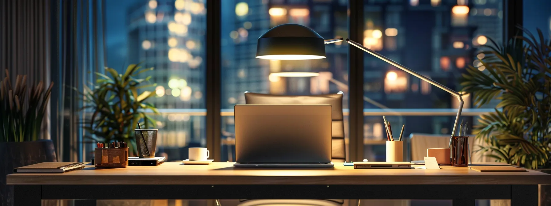 a modern office workspace features a sleek, minimalist desk with a powerful laptop illuminated by warm overhead lighting, emphasizing a sense of productivity and innovation in a vibrant urban setting.