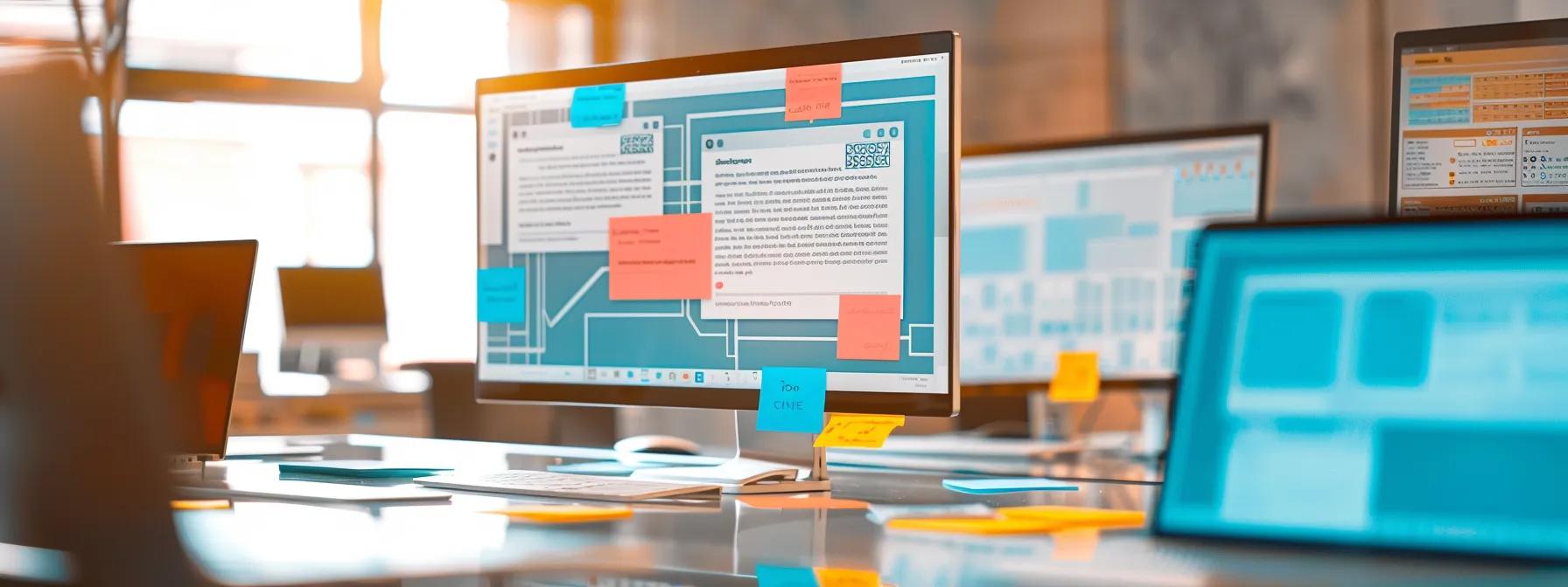 a modern office workspace features a large digital screen displaying a hierarchical content structure diagram, showcasing pillar pages and related subtopic links, with sleek laptops and notebooks scattered across a glass table, emphasizing the theme of organizing information architecture for effective digital marketing.