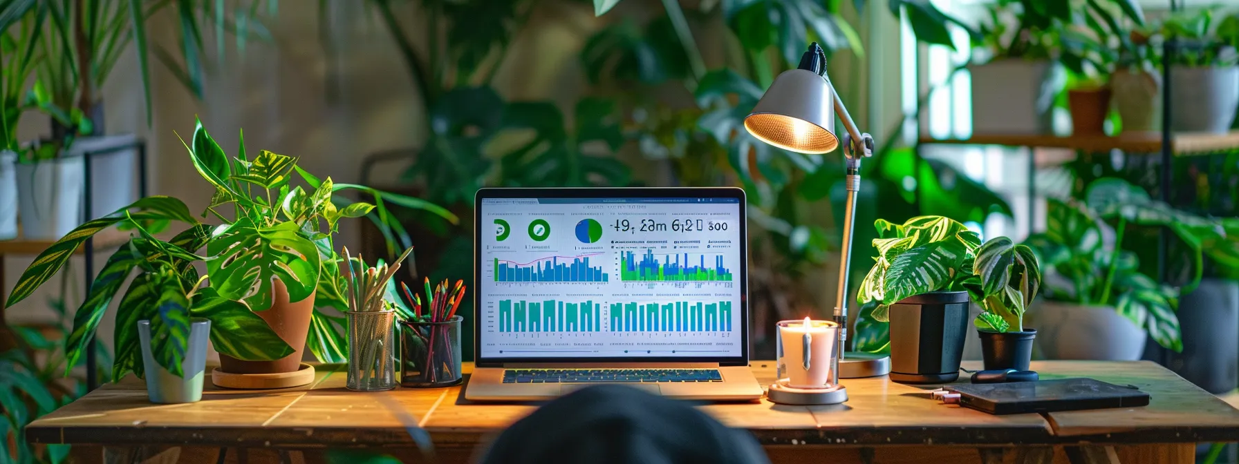 a modern office workspace features a sleek desk with an open laptop displaying graphs and diagrams on natural tick control methods, surrounded by vibrant indoor plants, emphasizing innovative pest management strategies in a professional setting.