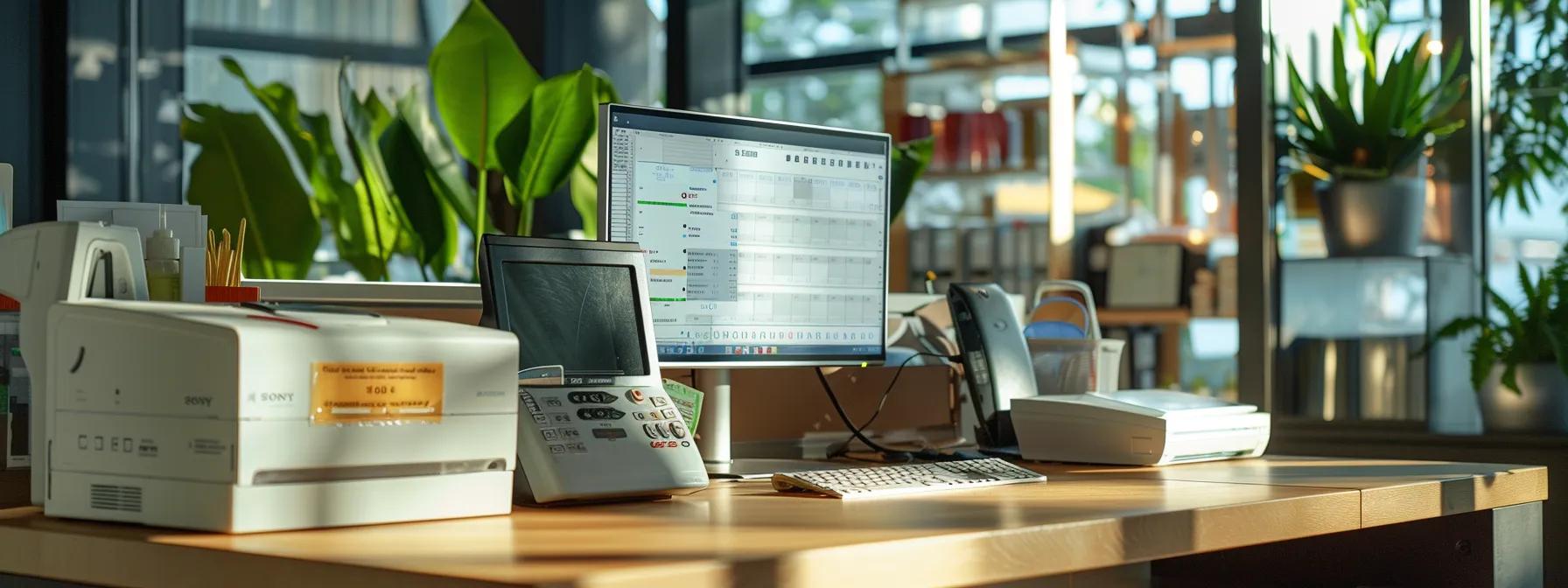 a modern office workspace features a sleek computer screen displaying the quickbooks interface with highlighted cheque printing options, alongside neatly organized printed samples of various cheque styles, showcasing the efficient reordering process. a modern office workspace features a sleek computer screen displaying the quickbooks interface with highlighted cheque printing options, alongside neatly organized printed samples of various cheque styles, showcasing the efficient reordering process.