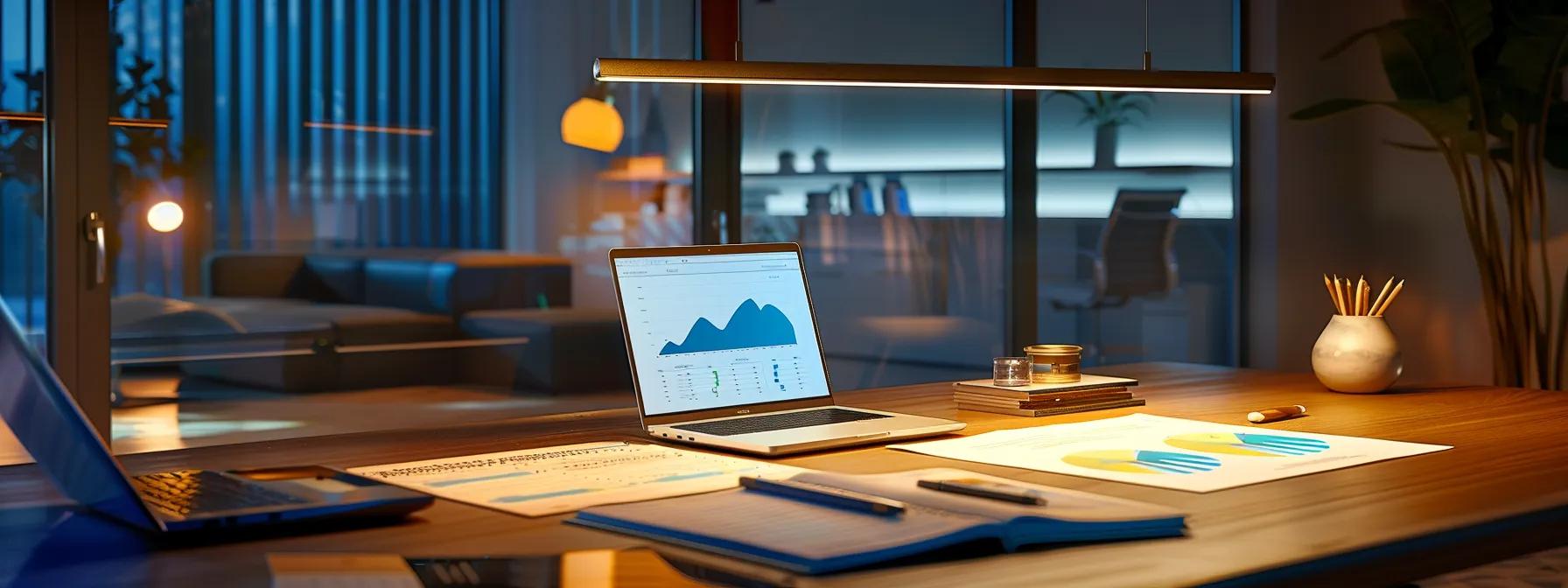 a modern office workspace features a sleek desk with financial documents, charts depicting solar incentives, and a laptop displaying an online architecture class about sustainable energy systems, illuminated by sharp overhead lighting that emphasizes a professional and focused atmosphere. a modern office workspace features a sleek desk with financial documents, charts depicting solar incentives, and a laptop displaying an online architecture class about sustainable energy systems, illuminated by sharp overhead lighting that emphasizes a professional and focused atmosphere.