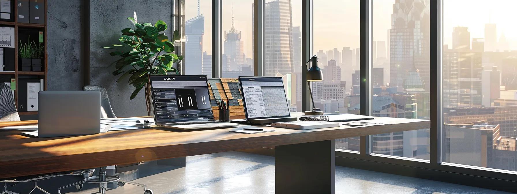 a modern office workspace features a sleek wooden desk with detailed roofing material samples, including asphalt shingles and metal panels, strategically placed next to a laptop displaying warranty documents and a vibrant city skyline visible through large windows, conveying the importance of material warranties in roof installations. a modern office workspace features a sleek wooden desk with detailed roofing material samples, including asphalt shingles and metal panels, strategically placed next to a laptop displaying warranty documents and a vibrant city skyline visible through large windows, conveying the importance of material warranties in roof installations.