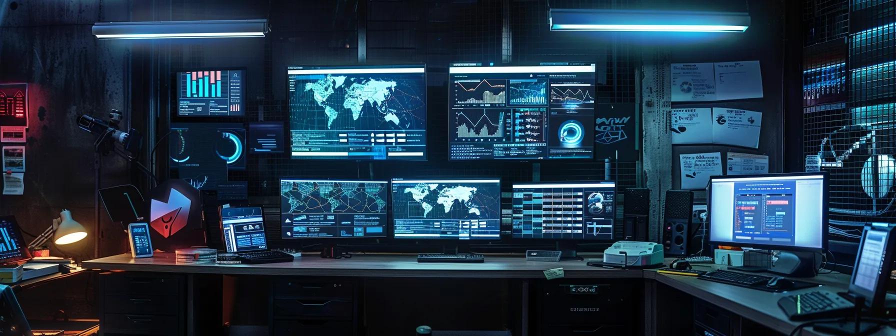 a modern office workspace features a sleek desktop computer displaying an intricate seo dashboard, with vibrant charts and graphs highlighting keyword performance, amidst an array of strategically placed technical manuals and industry reports, all illuminated by the cool glow of overhead fluorescent lights.