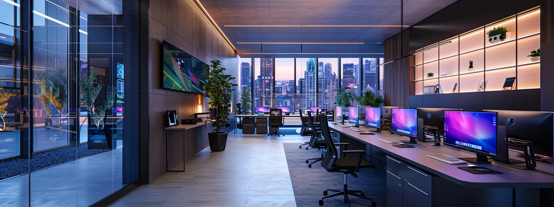 a modern office workspace features a sleek, minimalist desk adorned with high-tech gadgets, illuminated by dynamic led lighting that enhances the atmosphere of innovation and productivity. a modern office workspace features a sleek, minimalist desk adorned with high-tech gadgets, illuminated by dynamic led lighting that enhances the atmosphere of innovation and productivity.
