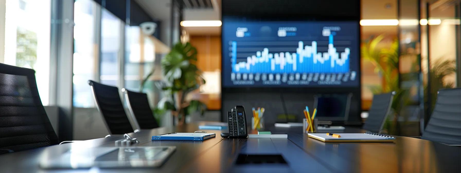 a modern office workspace features a sleek conference table with detailed charts and graphs on a digital display, illustrating the breakdown of a bathroom remodel's costs in an engaging and informative way.