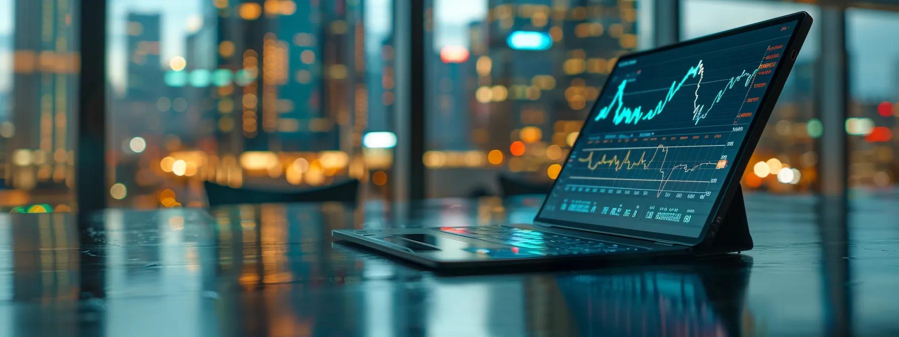 a modern office workspace features a sleek desk with a digital tablet displaying intricate graphs and data on llpa rates, emphasizing the analytical nature of condo loan factors against a backdrop of glass walls and city skyline views.