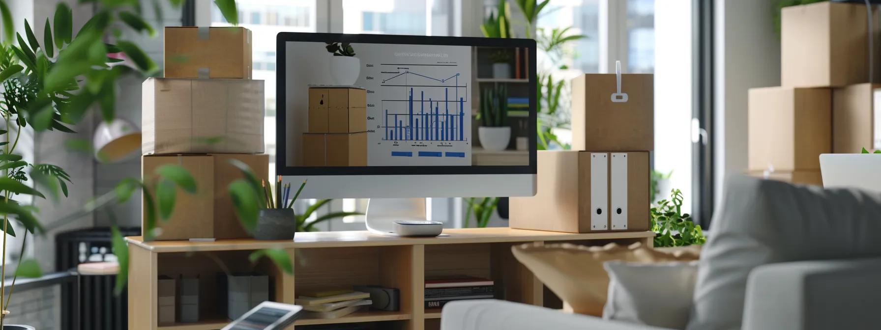 a modern office workspace is depicted with a meticulously organized moving timeline chart displayed prominently on a sleek digital screen, showcasing key milestones for a house move preparation, surrounded by packing boxes and a laptop, conveying a sense of efficient planning in the bustling city of perth.