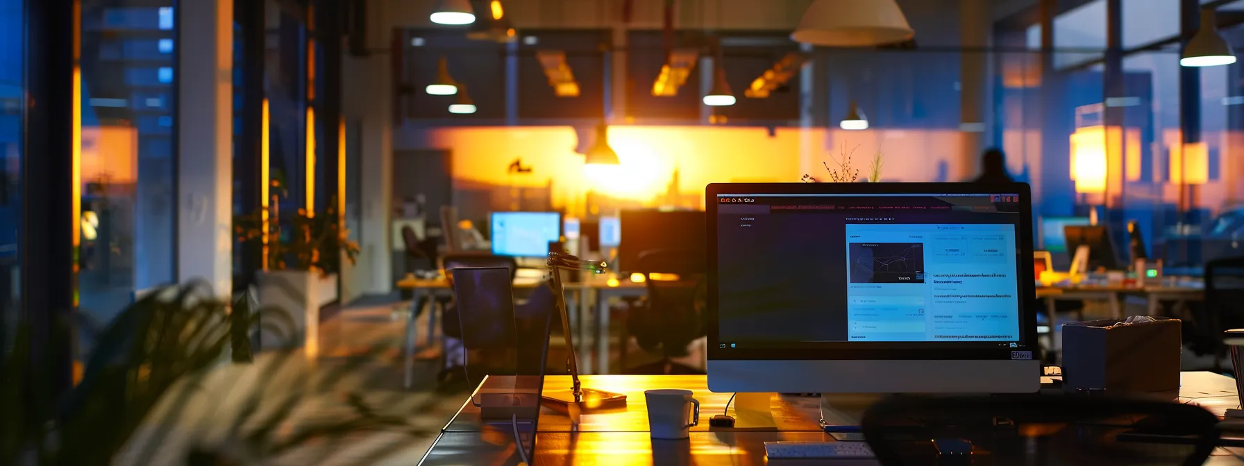 a modern office workspace is illuminated by crisp artificial lights, featuring a sleek computer screen displaying a well-structured google business profile dashboard, symbolizing small business growth and enhanced online visibility.