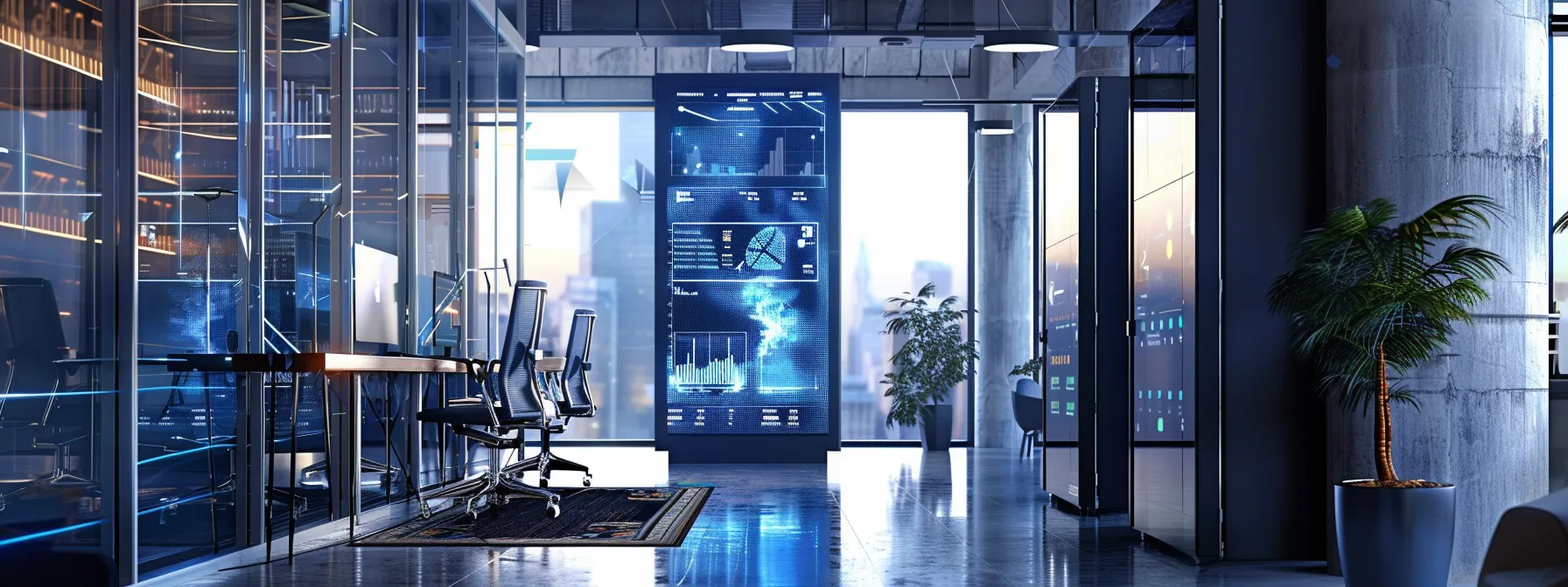 a modern office workspace showcases a large digital screen displaying vibrant graphs and analytics related to generative engine optimization, with a professional engaged in a focused discussion about improving ai discoverability and site performance.