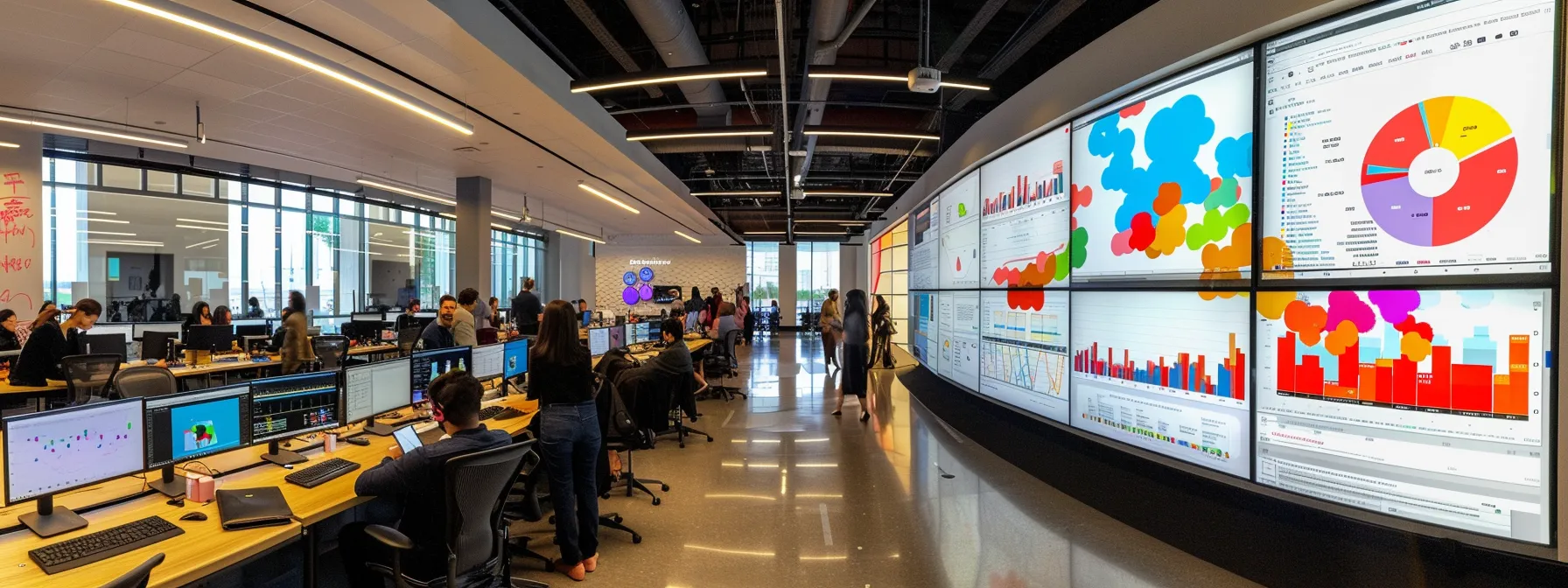 a modern office workspace showcases a large screen displaying colorful graphs and charts, capturing a focused team of marketers analyzing post-holiday campaign performance surrounded by high-tech devices and digital marketing materials.