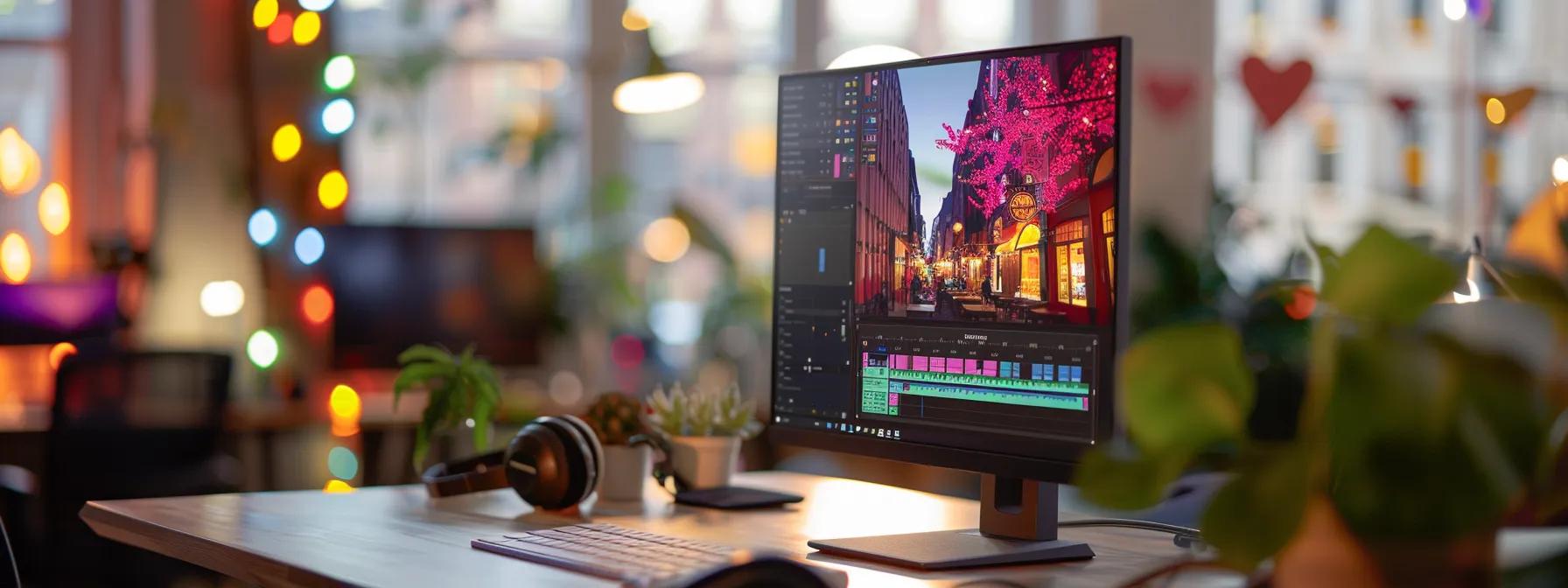 a modern office workspace showcases a sleek computer displaying a vibrant website design interface, with a diverse team of professionals engaged in a brainstorming session, emphasising the transformative impact of affordable web design solutions on small business success.
