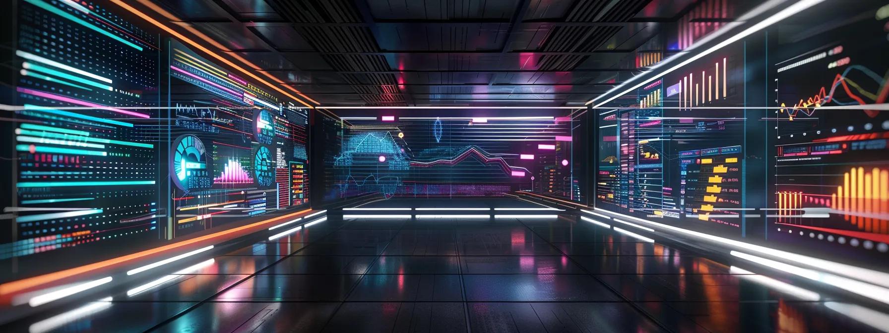 a modern office workspace showcases a large digital dashboard filled with vibrant performance graphs and metrics, reflecting the dynamic analysis of ai and traditional strategies in a collaborative atmosphere.