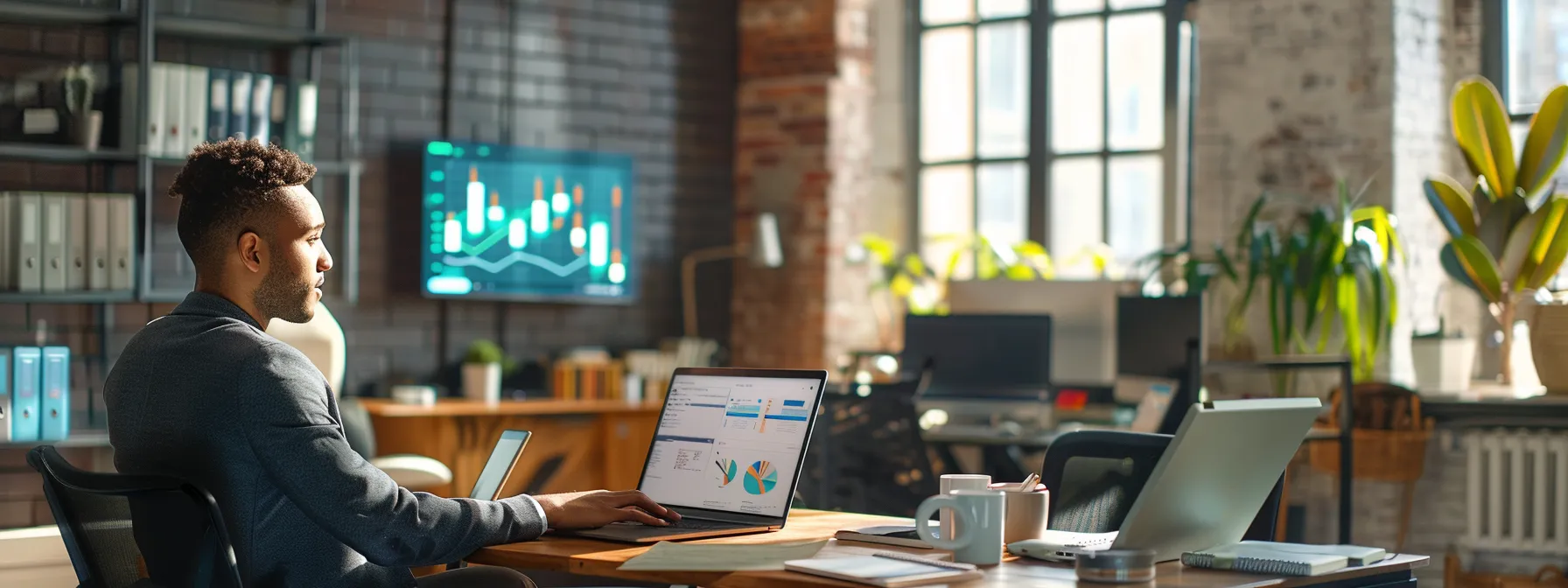 a modern office workspace showcases a business owner engaged in an animated conversation on a sleek laptop, displaying vibrant chat windows filled with personalized customer messages and analytics dashboards highlighting engagement metrics.
