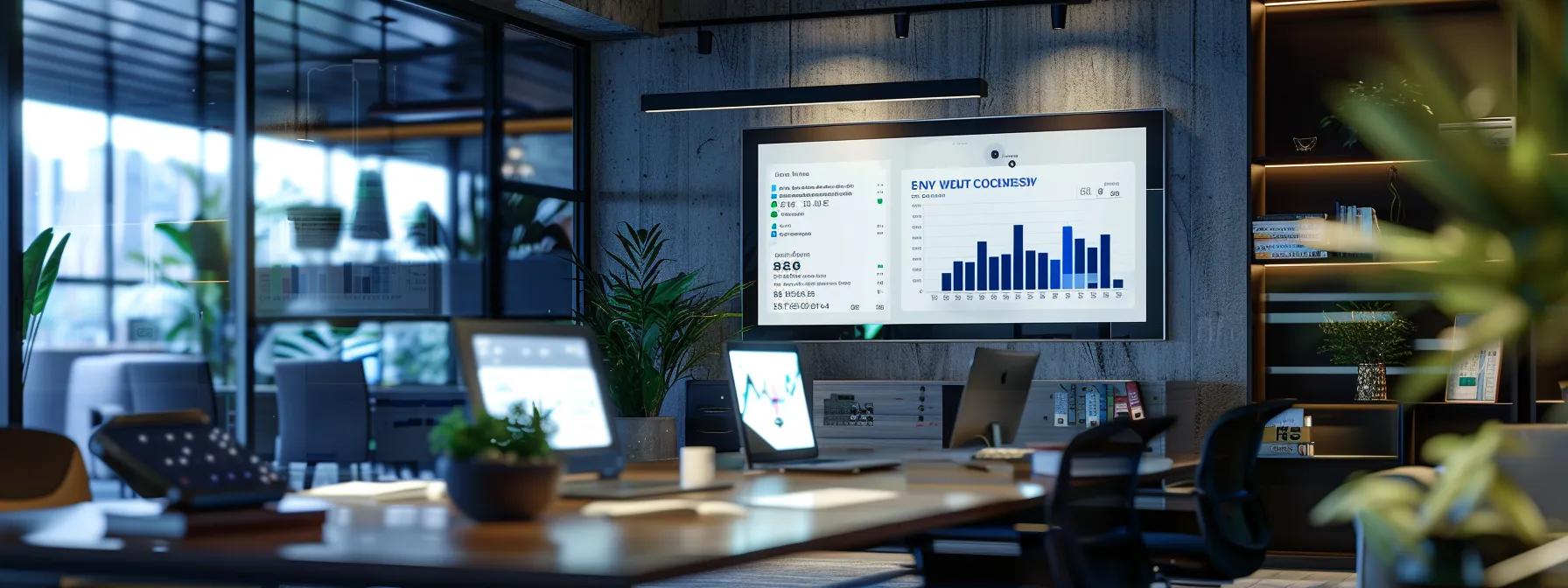 a modern office workspace showcases a visually engaging presentation on a large screen, featuring dynamic graphs and analytics related to advanced local seo strategies, with a sleek desk adorned with digital devices and notepads to emphasize the focus on maximizing ecommerce sales.