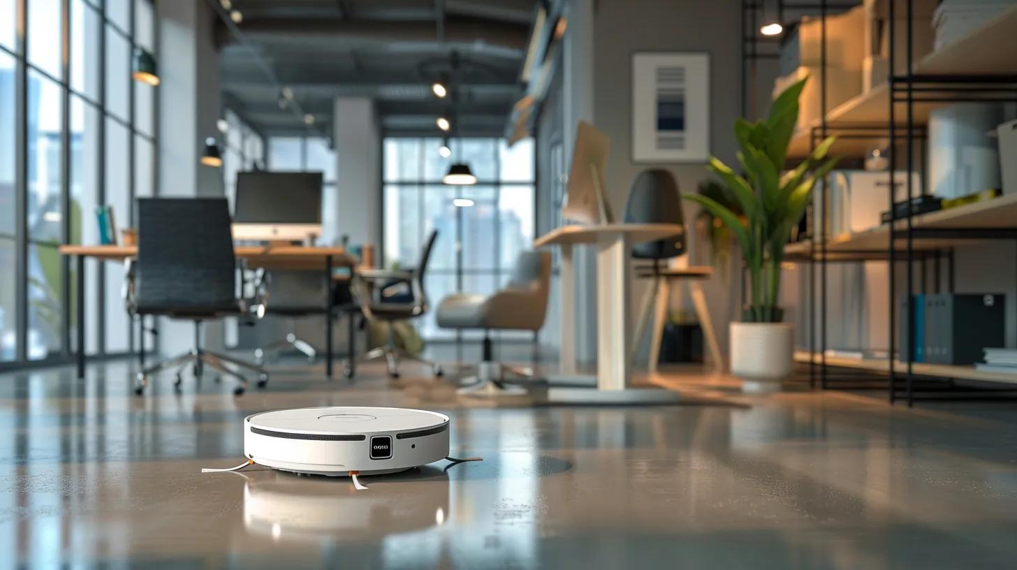 a modern office workspace showcases sleek surfaces and advanced cleaning equipment, highlighting the importance of meticulous cleaning practices that effectively eliminate allergens.