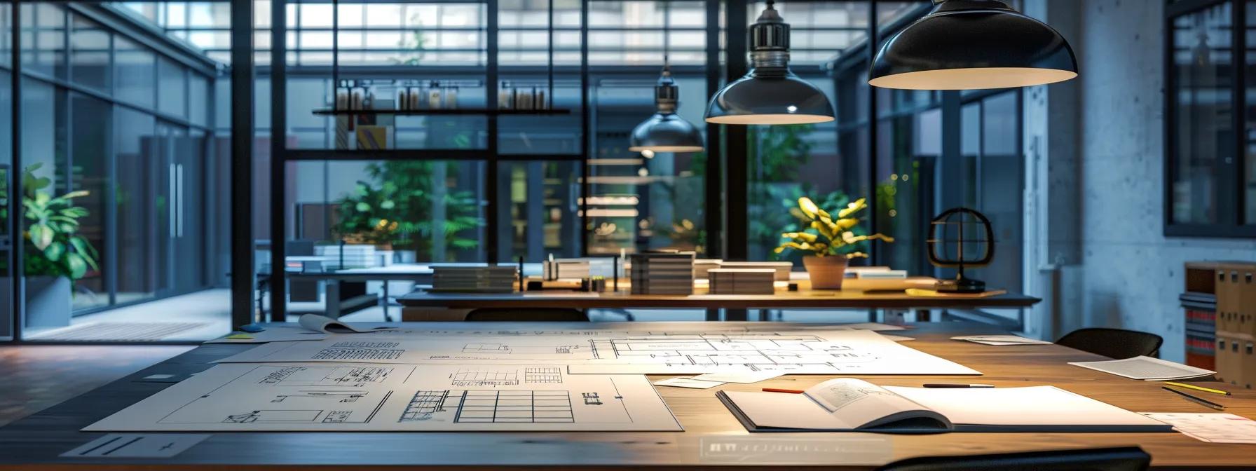 a modern office workspace showcases an architect's sleek design plans spread across a polished table, illuminated by sharp, focused overhead lights that emphasize the tools of strategic planning and professional growth.