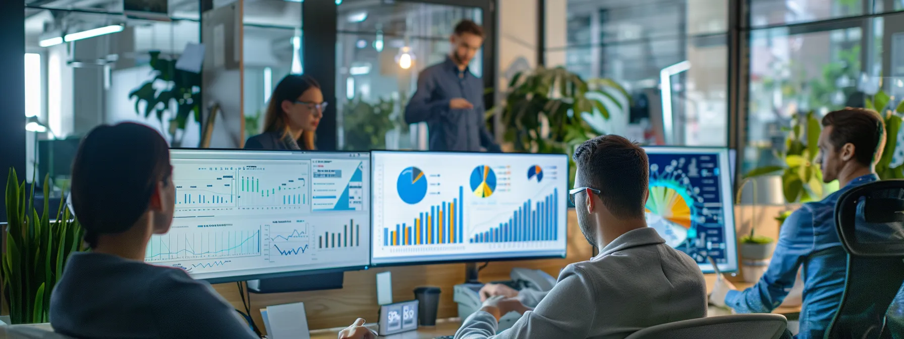 a modern office workspace showcases a diverse team collaborating over digital analytics on sleek monitors, with colorful graphs and search trends displayed, symbolizing the dynamic strategies businesses employ to enhance their local seo presence.