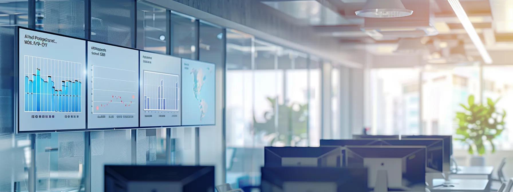 a modern office workspace showcases a sleek digital display analyzing climate-specific cooling solutions, featuring sophisticated charts and graphs against a backdrop of air conditioning units, embodying the fusion of technology and personalized comfort.