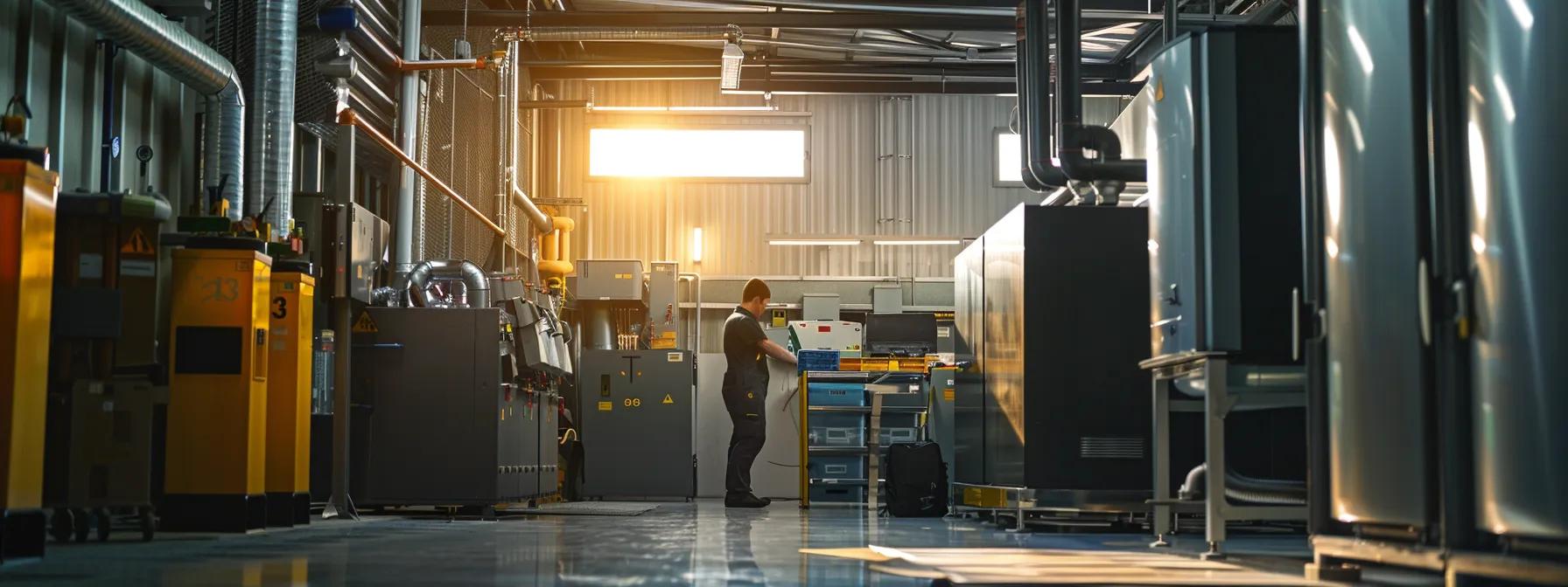 a modern, organised boiler maintenance workshop, featuring a licensed technician conducting a thorough inspection of a sleek, high-efficiency boiler system, illuminated by bright, focused overhead lights to highlight the intricate components and advanced technology involved in ensuring optimal heating performance. a modern, organised boiler maintenance workshop, featuring a licensed technician conducting a thorough inspection of a sleek, high-efficiency boiler system, illuminated by bright, focused overhead lights to highlight the intricate components and advanced technology involved in ensuring optimal heating performance.