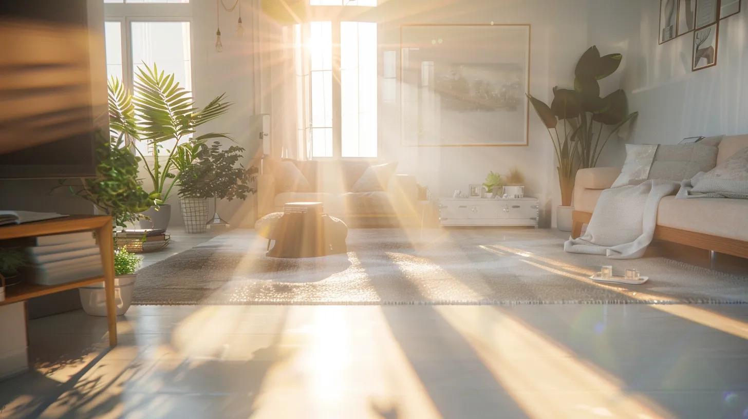 a modern, organized home interior showcases a systematic room-by-room cleaning process, featuring gleaming surfaces and neatly arranged spaces in a bright, airy atmosphere.
