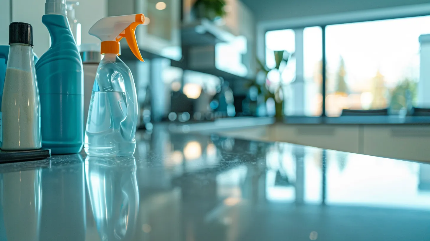 a modern, organized kitchen with gleaming countertops and meticulous cleaning supplies neatly arranged on a polished countertop, showcasing the practice of daily cleaning routines and clutter management for a pristine living space.