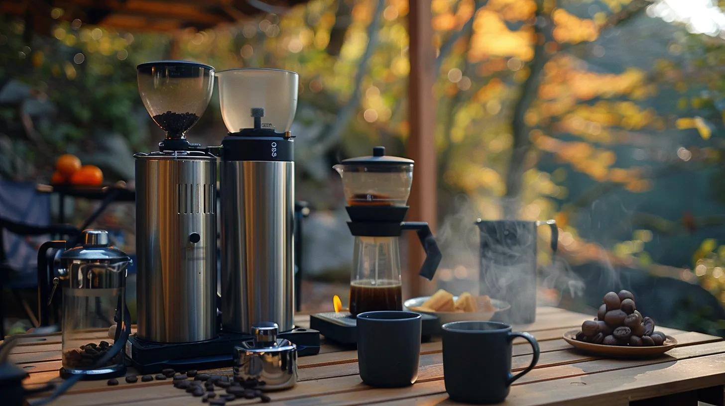 a modern outdoor coffee preparation setup features a sleek, high-tech brewing device alongside a classic french press, capturing the essence of tradition meeting innovation against a rugged campsite backdrop with steaming mugs displaying the rich aroma of papau new guinea wolf instant coffee. a modern outdoor coffee preparation setup features a sleek, high-tech brewing device alongside a classic french press, capturing the essence of tradition meeting innovation against a rugged campsite backdrop with steaming mugs displaying the rich aroma of papau new guinea wolf instant coffee.