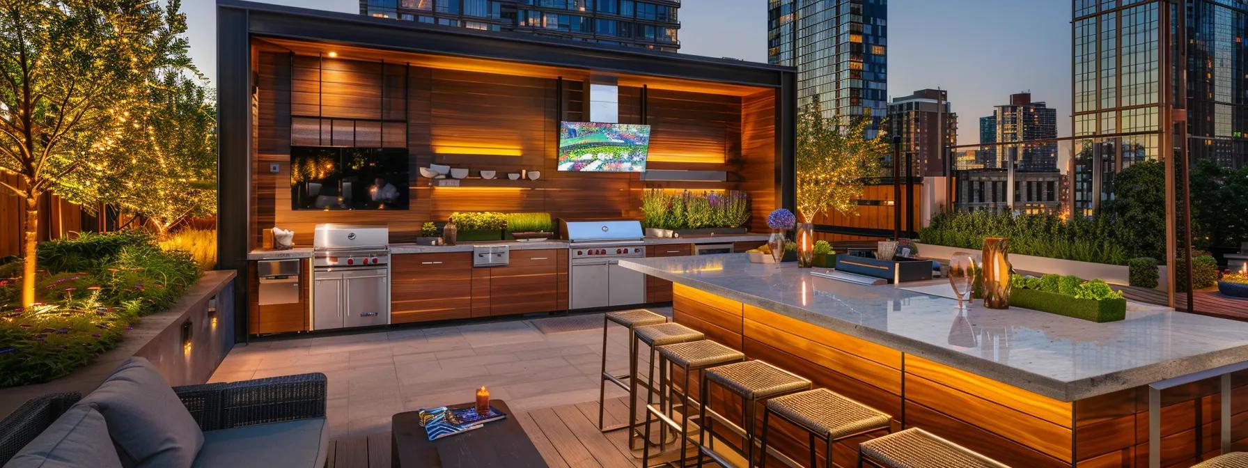 a modern outdoor kitchen setup, showcasing sleek countertops, built-in appliances, and organized design plans displayed prominently on a tablet, all set against a sophisticated urban backdrop to emphasize investment potential and practicality. a modern outdoor kitchen setup, showcasing sleek countertops, built-in appliances, and organized design plans displayed prominently on a tablet, all set against a sophisticated urban backdrop to emphasize investment potential and practicality.