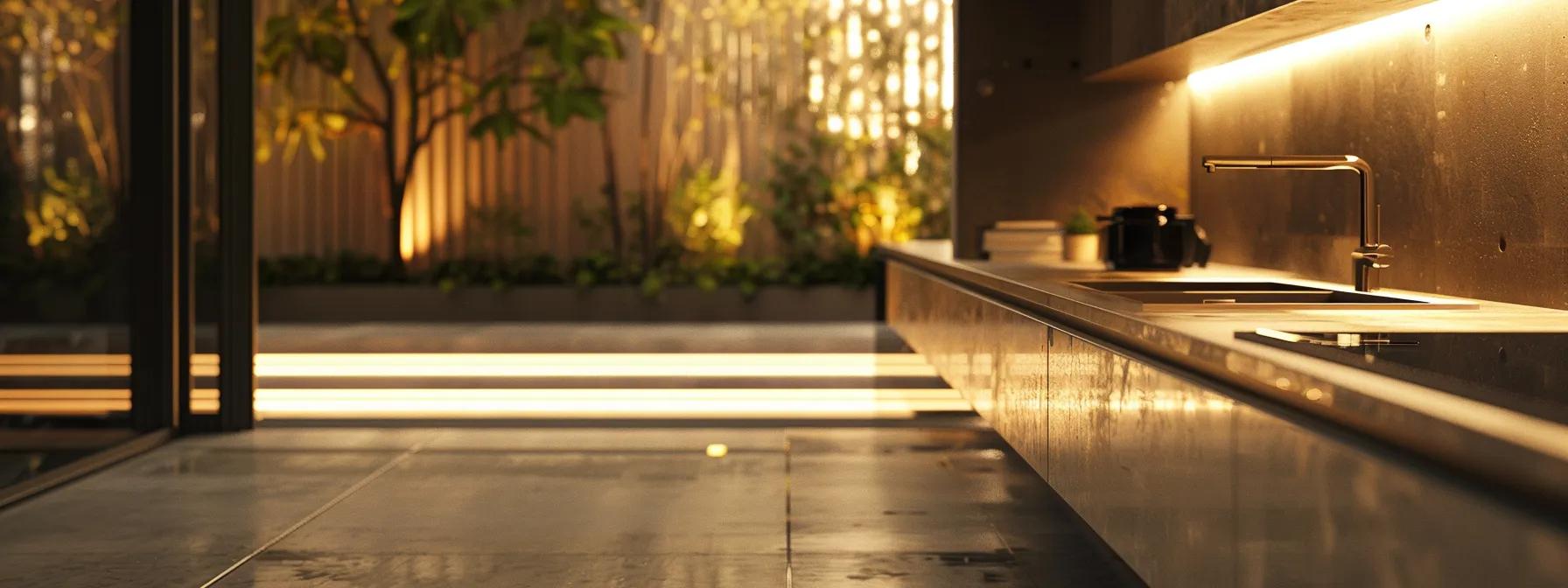 a modern outdoor kitchen showcases sleek stainless steel appliances and elegant concrete countertops, bathed in warm artificial lighting, as a professional consultant discusses a robust maintenance plan with engaged homeowners in a stylish urban setting. a modern outdoor kitchen showcases sleek stainless steel appliances and elegant concrete countertops, bathed in warm artificial lighting, as a professional consultant discusses a robust maintenance plan with engaged homeowners in a stylish urban setting.
