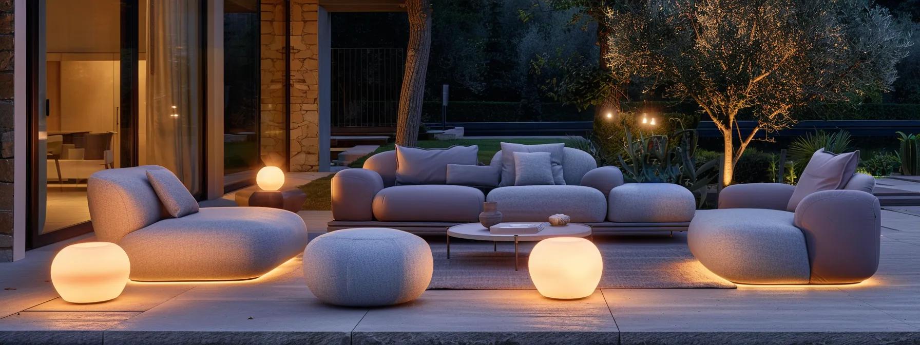 a modern outdoor living space showcases sleek furniture and innovative design elements, seamlessly merging with the contemporary architecture of the home, illuminated by ambient lighting for a welcoming evening atmosphere. a modern outdoor living space showcases sleek furniture and innovative design elements, seamlessly merging with the contemporary architecture of the home, illuminated by ambient lighting for a welcoming evening atmosphere.