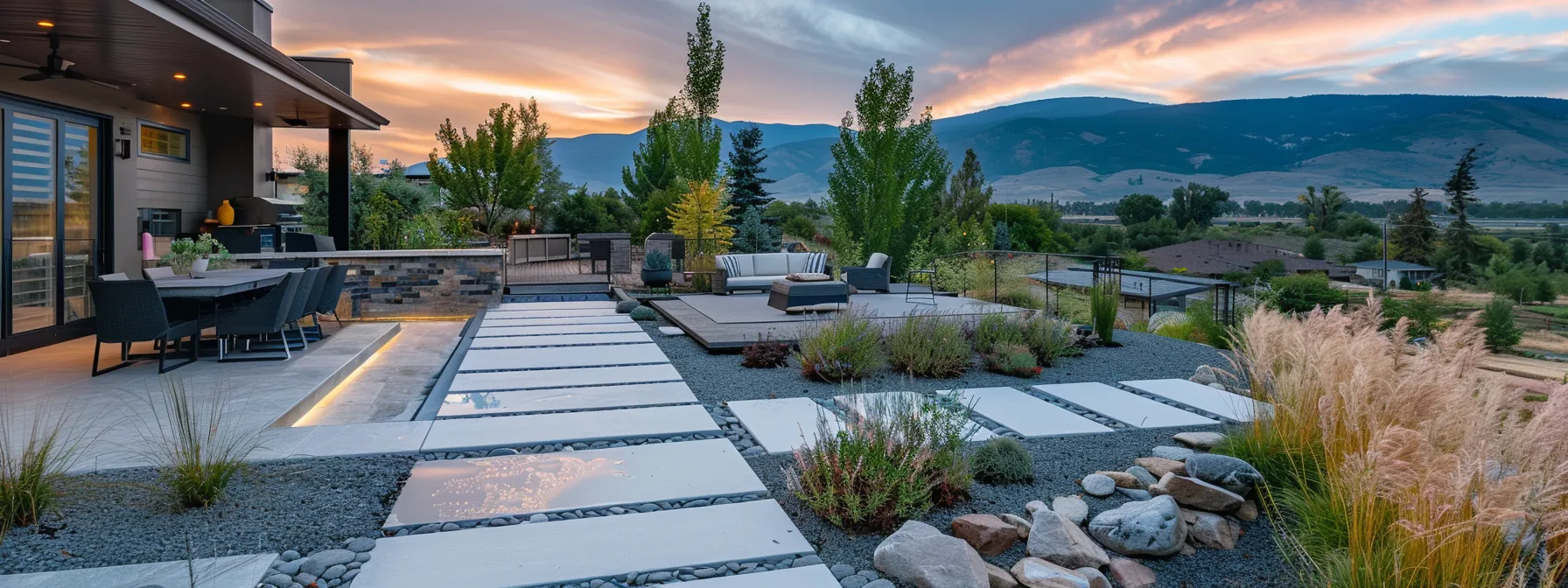 a modern outdoor living space in eastern idaho showcases innovative landscaping trends, featuring sleek stone pathways, vibrant ornamental plants, and contemporary patio furniture, all set against a backdrop of picturesque mountain vistas. a modern outdoor living space in eastern idaho showcases innovative landscaping trends, featuring sleek stone pathways, vibrant ornamental plants, and contemporary patio furniture, all set against a backdrop of picturesque mountain vistas.