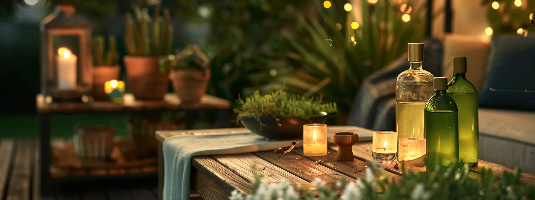 a modern outdoor patio setting showcases various stylish natural repellents, including vibrant essential oil bottles, elegant citronella candles, and sleek herbal sprays arranged artfully on a rustic table, emphasizing eco-friendly mosquito control for a serene backyard atmosphere. a modern outdoor patio setting showcases various stylish natural repellents, including vibrant essential oil bottles, elegant citronella candles, and sleek herbal sprays arranged artfully on a rustic table, emphasizing eco-friendly mosquito control for a serene backyard atmosphere.