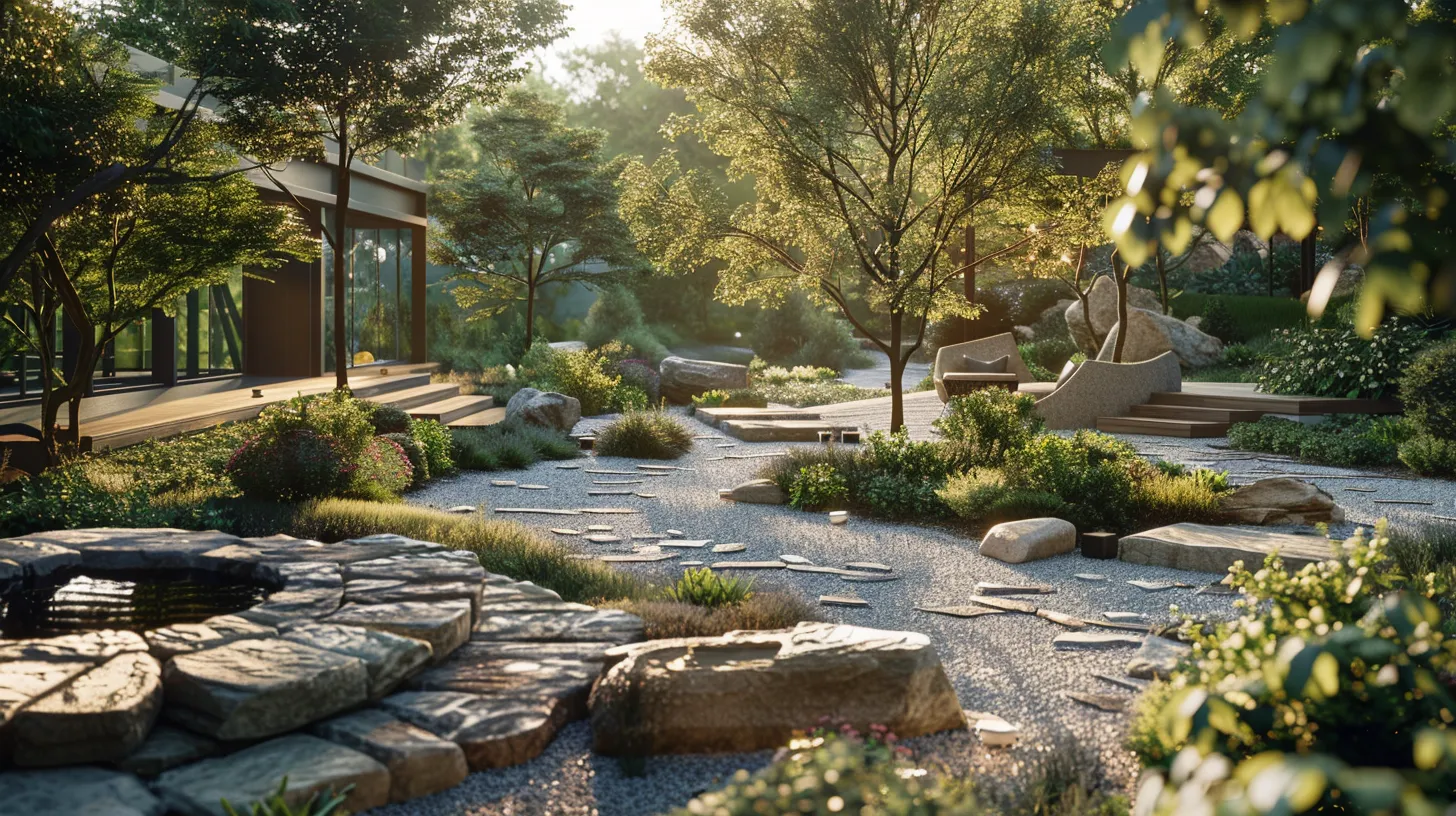 a modern outdoor space showcases expertly arranged hardscaping elements, featuring elegant stone pathways and structured seating areas that exemplify sophisticated landscape design principles. a modern outdoor space showcases expertly arranged hardscaping elements, featuring elegant stone pathways and structured seating areas that exemplify sophisticated landscape design principles.