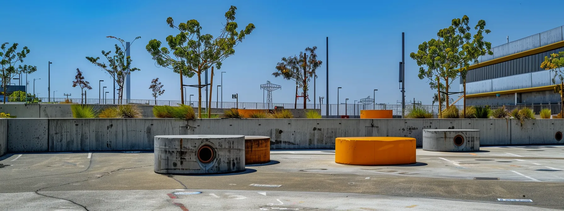 a modern parking lot in san diego features a striking arrangement of various wheel stop materials, including sleek concrete, vibrant recycled plastic, and sturdy rubber, set against a backdrop of contemporary urban architecture under a bright blue sky.