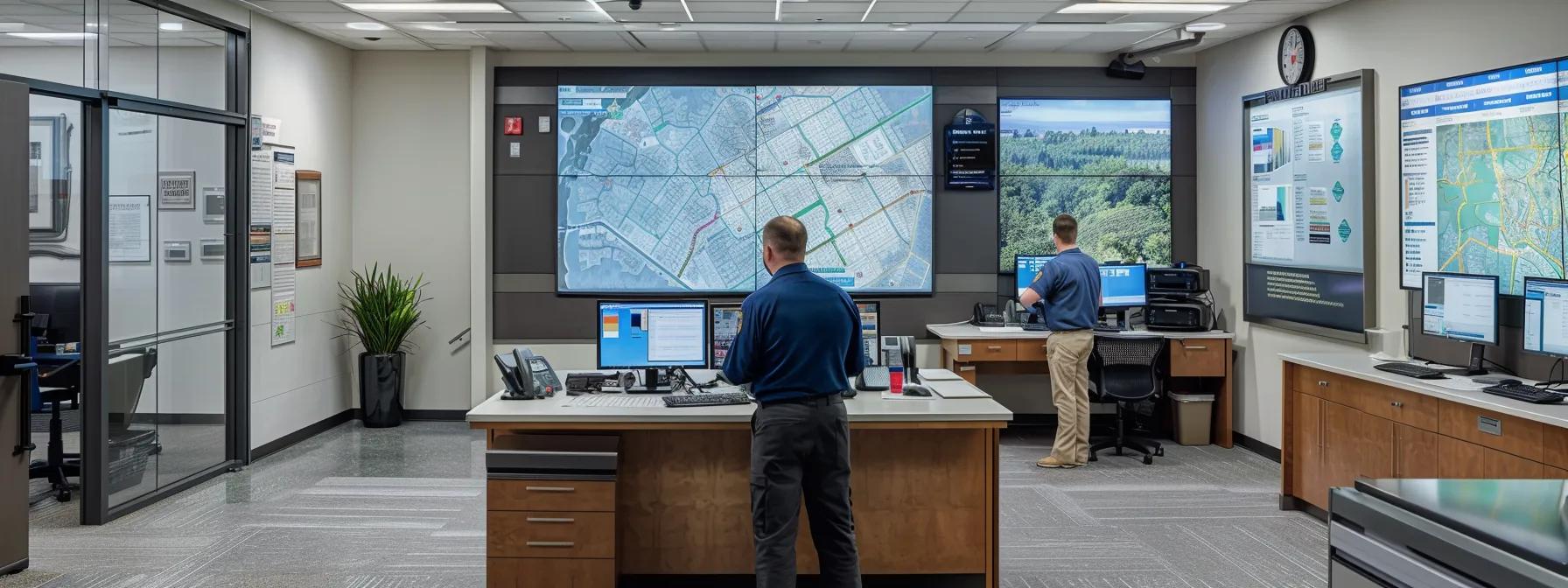 a modern pest control office bustling with activity, featuring a sleek desk adorned with eco-friendly pest management tools, while a technician inspects a blueprint and highlights rodent control zones on a large map displayed prominently on the wall.