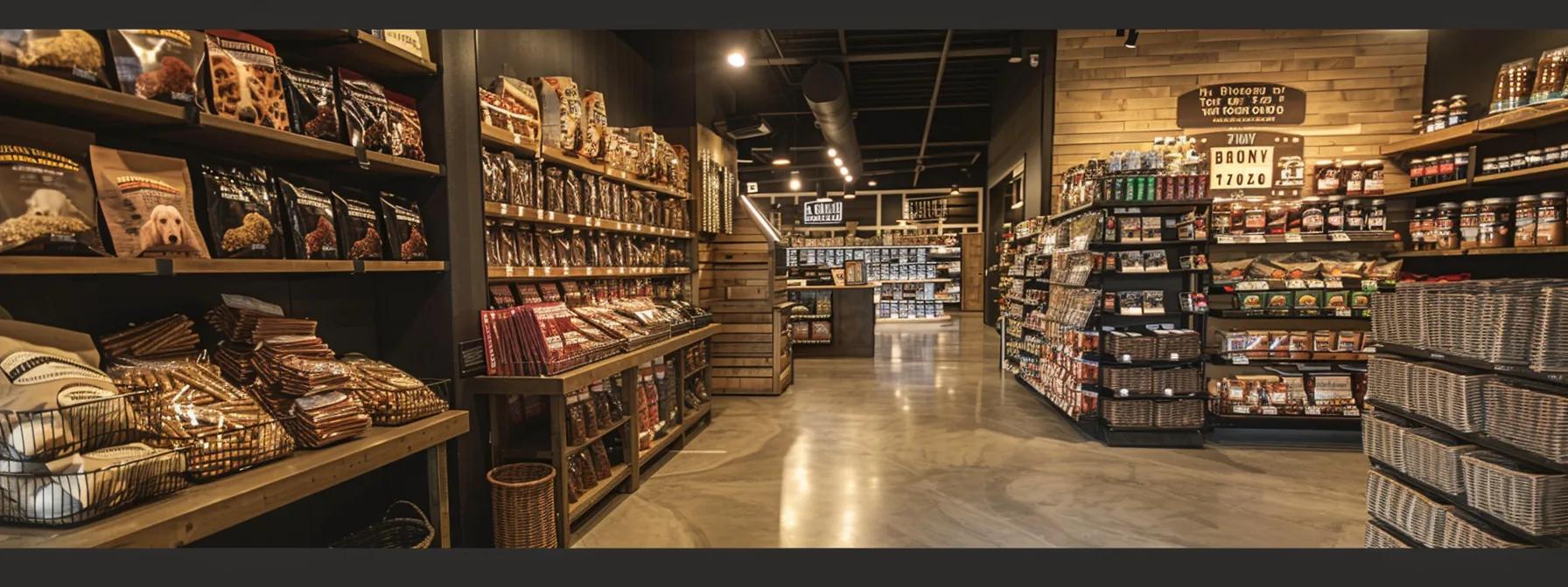 a modern pet supply store interior showcases an array of premium beef pizzle chew sticks neatly displayed on wooden shelves, highlighting their natural and chemical-free attributes with clear, informative signage emphasizing their health benefits for dogs. a modern pet supply store interior showcases an array of premium beef pizzle chew sticks neatly displayed on wooden shelves, highlighting their natural and chemical-free attributes with clear, informative signage emphasizing their health benefits for dogs.