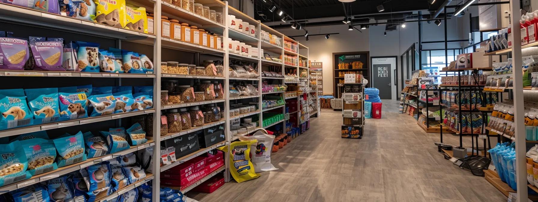 a modern pet supply store interior showcases a vibrant display of premium dog food, durable toys, and comfortable bedding, with well-organized shelves emphasizing the health and well-being of canine companions. a modern pet supply store interior showcases a vibrant display of premium dog food, durable toys, and comfortable bedding, with well-organized shelves emphasizing the health and well-being of canine companions.