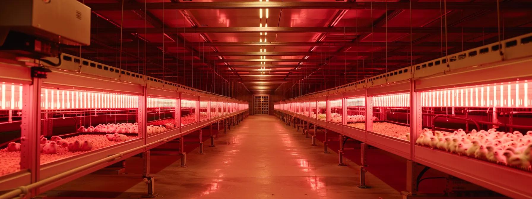 a modern poultry brooder room showcases a sleek array of infrared heat lamps strategically positioned over several cozy, well-lit enclosures, creating a warm and efficient environment that promotes healthy chick development. a modern poultry brooder room showcases a sleek array of infrared heat lamps strategically positioned over several cozy, well-lit enclosures, creating a warm and efficient environment that promotes healthy chick development.
