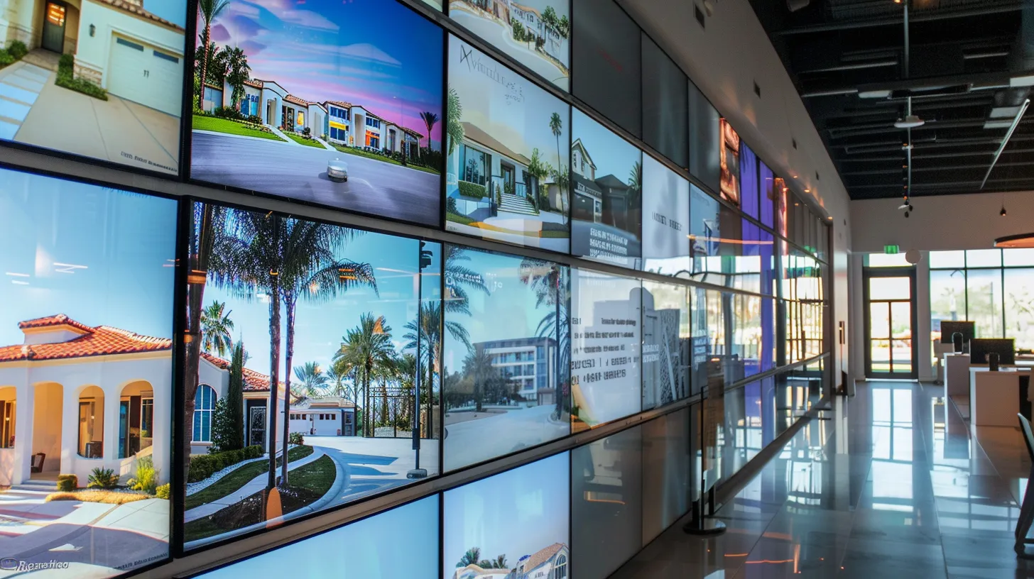 a modern real estate office space, bustling with activity, showcases vibrant brochures of newly built single-family homes and stylish townhouses in wesley chapel, accented by sleek digital displays of luxury properties and engaging insights, all under bright, focused lighting.