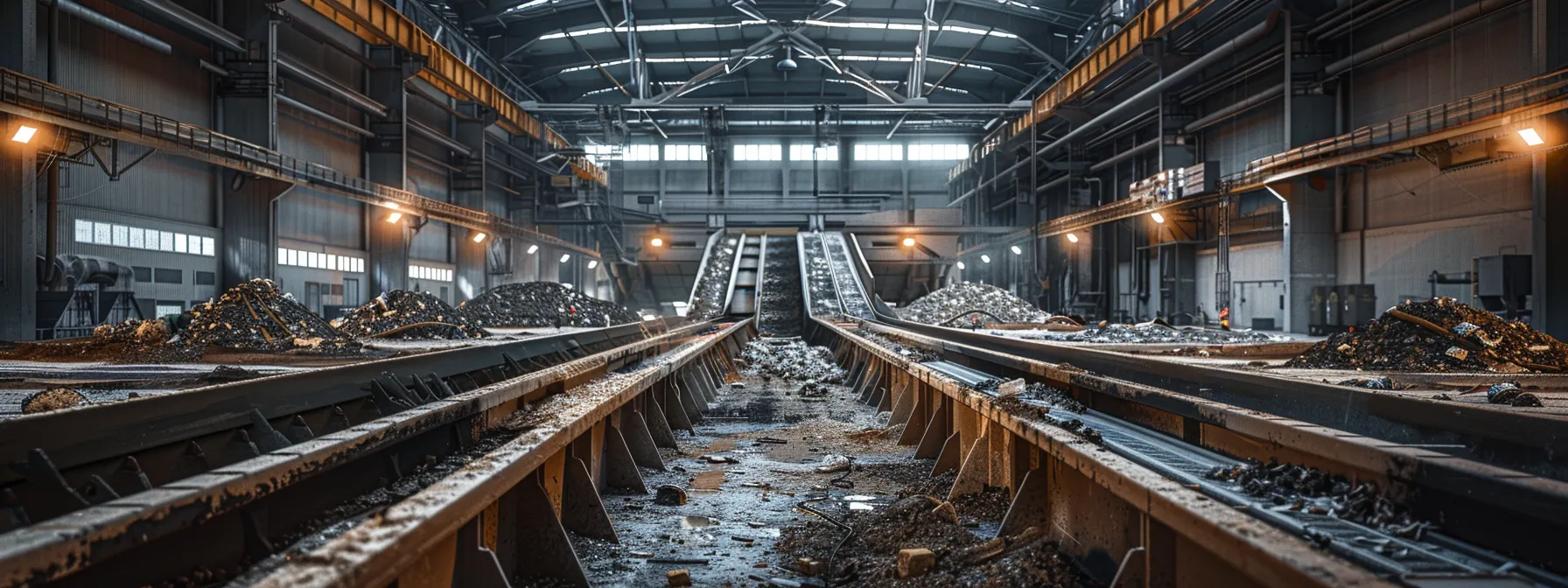 a modern recycling facility with conveyor belts transporting sorted concrete debris for processing, showcasing a blend of ancient techniques and modern innovations. a modern recycling facility with conveyor belts transporting sorted concrete debris for processing, showcasing a blend of ancient techniques and modern innovations.