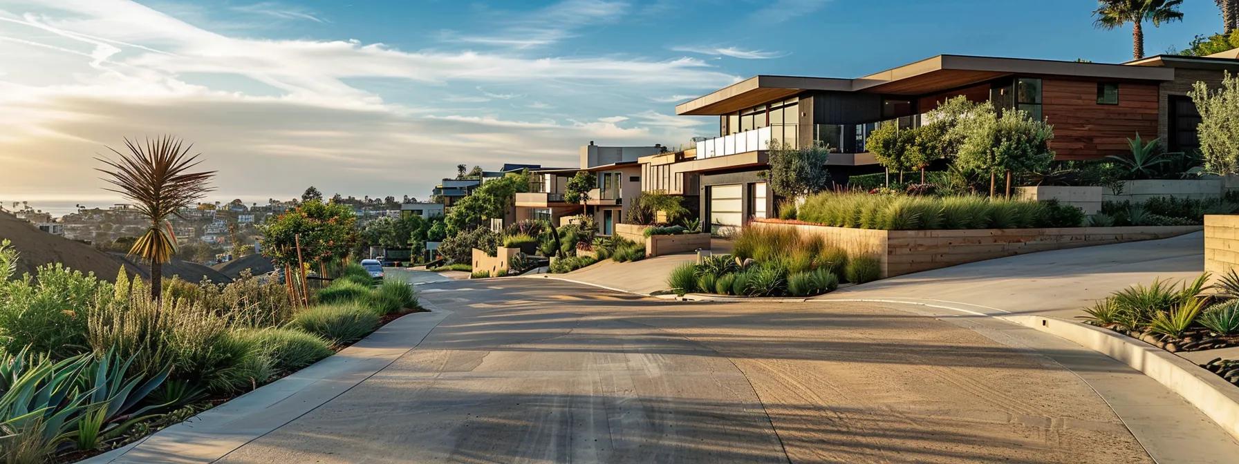 a modern residential street in san diego showcases innovative asphalt paving, featuring sleek, light-colored surfaces and eco-friendly materials, under a bright, clear sky that highlights the region's commitment to sustainable design and durability.