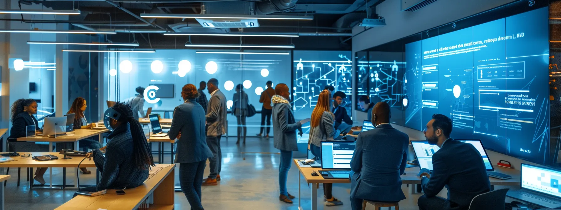 a modern retail office space showcases a team of diverse professionals collaborating over digital interfaces, surrounded by interactive displays illustrating nlp integration strategies, emphasizing innovation in data privacy and customer engagement.