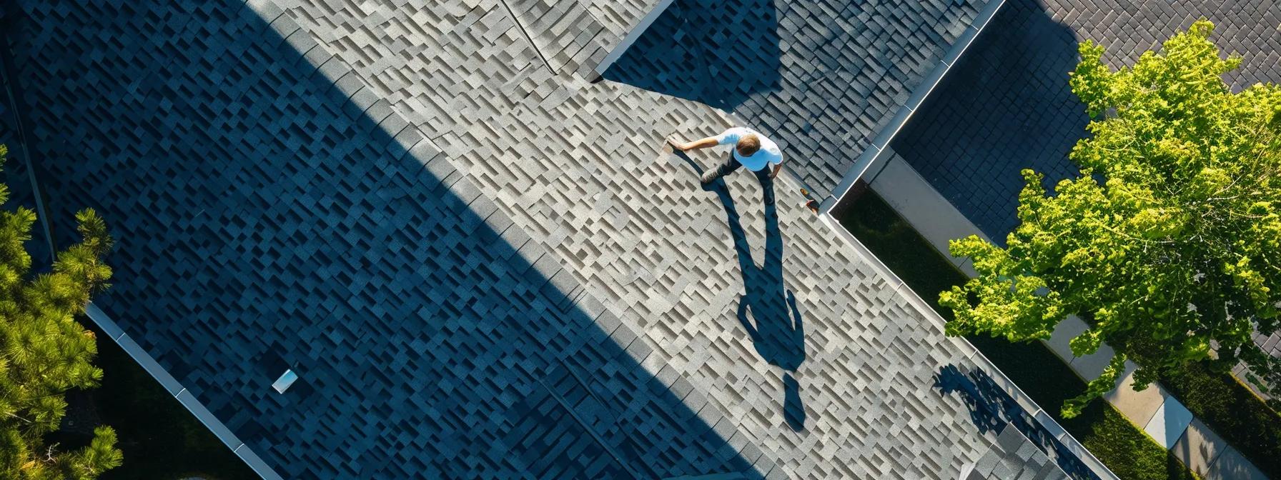 a modern roofing contractor examines a well-maintained shingle roof from an elevated perspective, highlighting the skills and professionalism required for effective home protection in an urban setting. a modern roofing contractor examines a well-maintained shingle roof from an elevated perspective, highlighting the skills and professionalism required for effective home protection in an urban setting.
