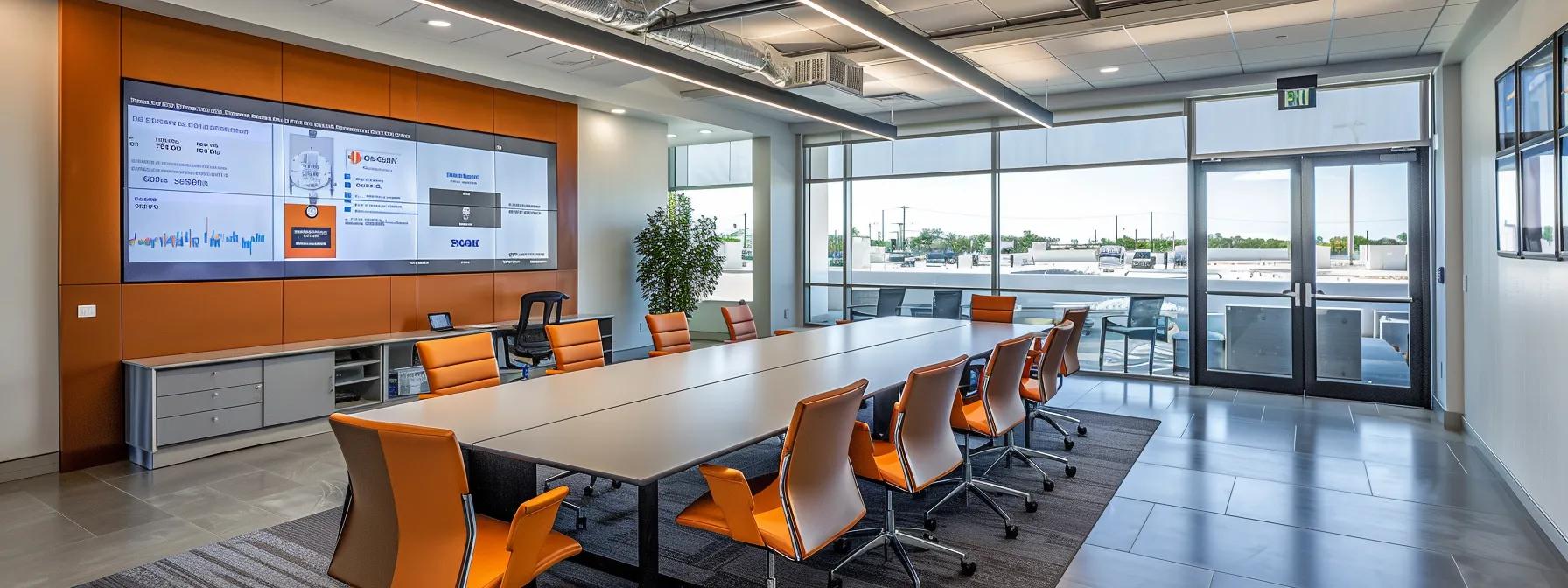 a modern roofing office with a sleek conference table, advanced diagnostic equipment prominently displayed, and a professional consultant reviewing detailed roofing inspection reports on a large screen, highlighting the complexity of specialized assessments.
