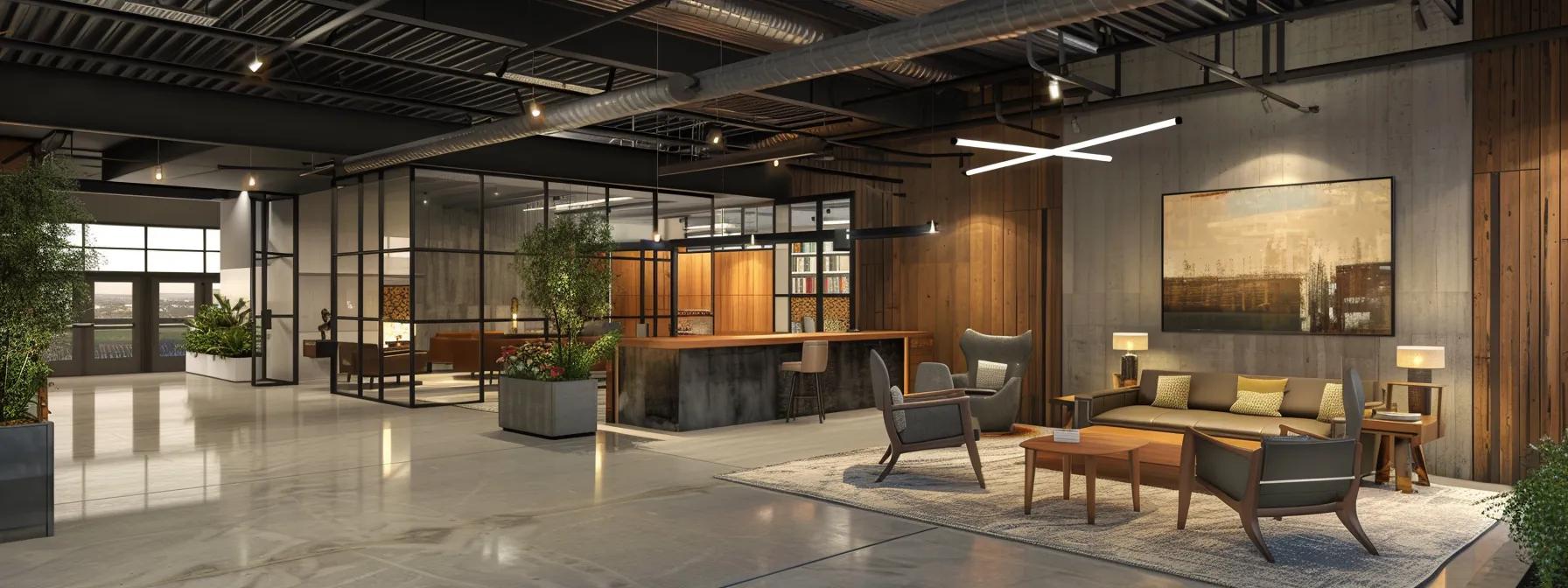 a modern sacramento office space features a sleek meeting room where a confident contractor presents a portfolio of stamped concrete projects to engaged homeowners, showcasing vibrant samples and design trends against a stylish urban backdrop.