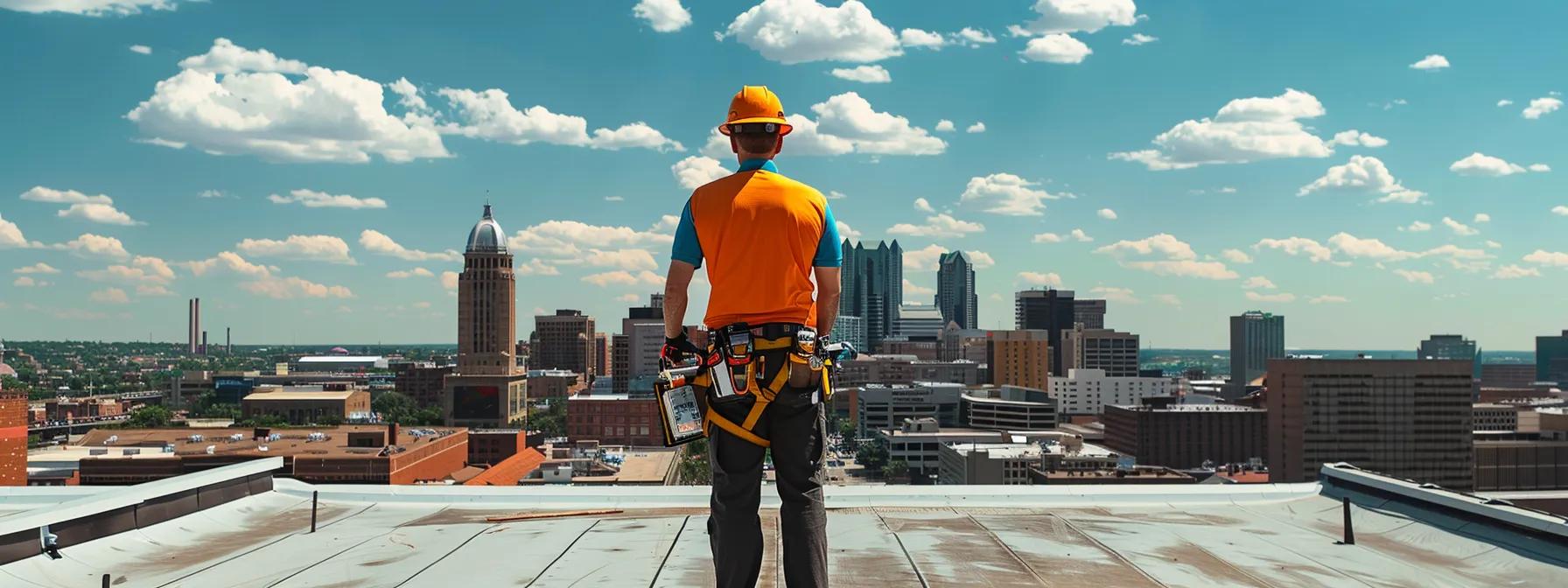a modern saint louis roofing contractor operates a high-tech drone for roof inspections, surrounded by sleek project management software on a tablet, all set against a dynamic urban skyline. a modern saint louis roofing contractor operates a high-tech drone for roof inspections, surrounded by sleek project management software on a tablet, all set against a dynamic urban skyline.