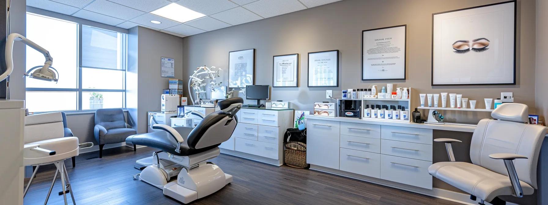 a modern salon interior featuring an elegant brow treatment station with professional certificates prominently displayed on the wall, showcasing a state-of-the-art setup for brow lamination in a chic, urban setting.