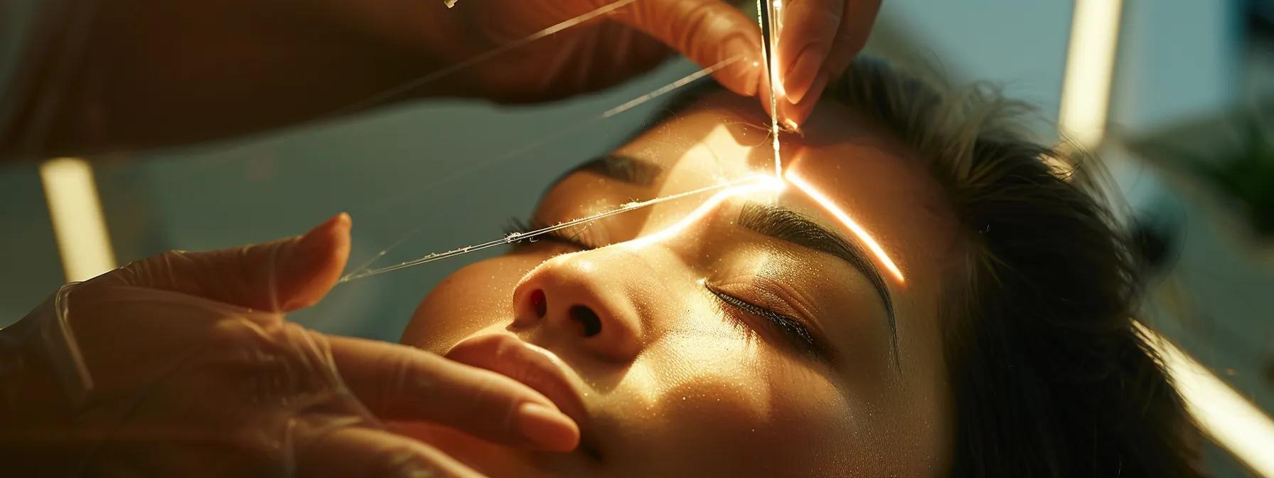 a modern salon interior showcases a skilled aesthetician performing precise facial threading on a client, illuminated by soft overhead lighting that highlights the meticulous technique used to sculpt the eyebrows, emphasizing the contrast between the delicate thread and the client's skin.