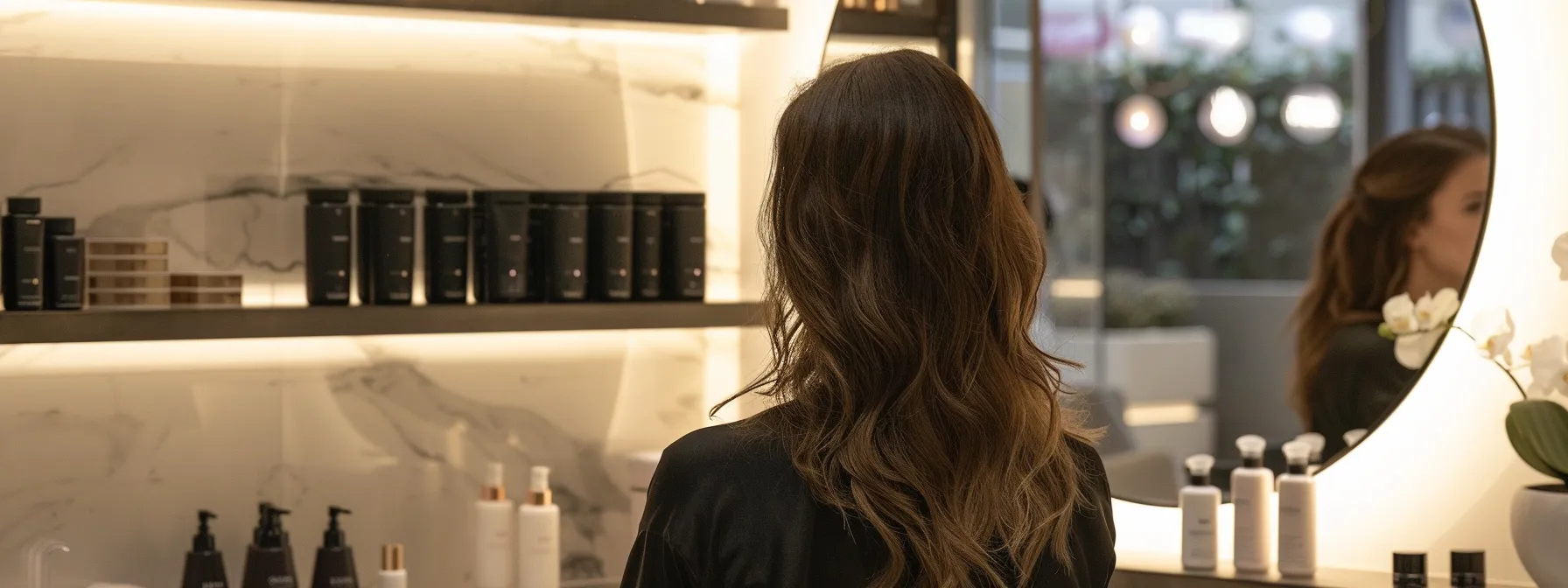 a modern salon interior showcases a stylish client admiring her personalized micro ktips extensions in a well-lit mirror, radiating confidence and elegance against a backdrop of sleek hair care products. a modern salon interior showcases a stylish client admiring her personalized micro ktips extensions in a well-lit mirror, radiating confidence and elegance against a backdrop of sleek hair care products.