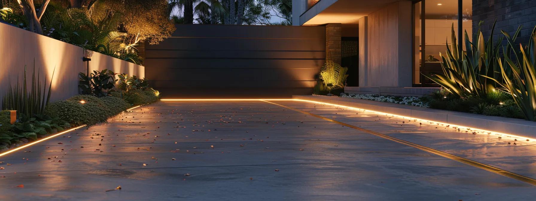 a modern san diego residential driveway showcases a freshly installed, polished polymer-modified asphalt surface, illuminated by stylish edge lighting and accented with decorative paver borders, all set against a sleek urban backdrop.